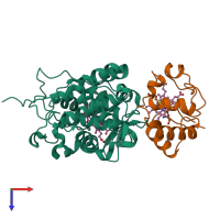 Hetero dimeric assembly 1 of PDB entry 2pcc coloured by chemically distinct molecules, top view.