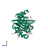PDB entry 2pcl coloured by chain, side view.