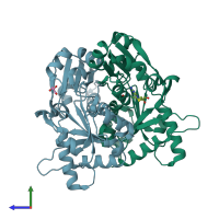 PDB entry 2pcm coloured by chain, side view.