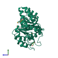 PDB entry 2pcq coloured by chain, side view.