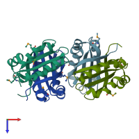 PDB entry 2pd1 coloured by chain, top view.