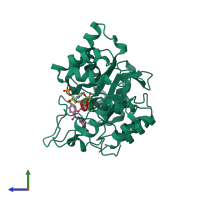 PDB entry 2pdp coloured by chain, side view.