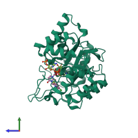 PDB entry 2pdq coloured by chain, side view.