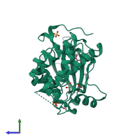 PDB entry 2pe1 coloured by chain, side view.