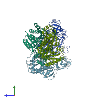 PDB entry 2pe3 coloured by chain, side view.