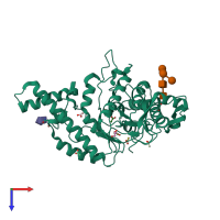 PDB entry 2pe4 coloured by chain, top view.