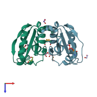 PDB entry 2peb coloured by chain, top view.