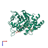 PDB entry 2pev coloured by chain, top view.