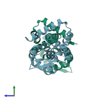 PDB entry 2pex coloured by chain, side view.