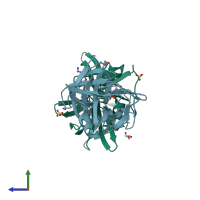 PDB entry 2pfe coloured by chain, side view.