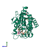 PDB entry 2pfg coloured by chain, side view.