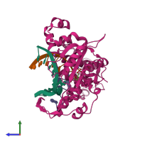 PDB entry 2pfp coloured by chain, side view.