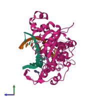 PDB entry 2pfq coloured by chain, side view.