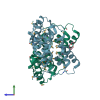 PDB entry 2pfx coloured by chain, side view.