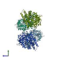 PDB entry 2pg7 coloured by chain, side view.