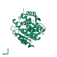 Monomeric assembly 2 of PDB entry 2pj3 coloured by chemically distinct molecules, side view.