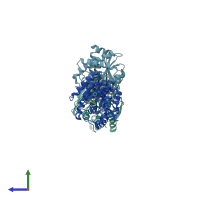 PDB entry 2pj5 coloured by chain, side view.
