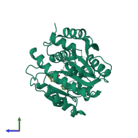 PDB entry 2pj6 coloured by chain, side view.