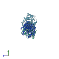 PDB entry 2pj8 coloured by chain, side view.