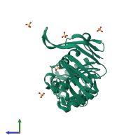 PDB entry 2pjz coloured by chain, side view.