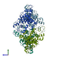 PDB entry 2pk2 coloured by chain, side view.