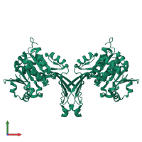 Homo dimeric assembly 1 of PDB entry 2pkf coloured by chemically distinct molecules, front view.