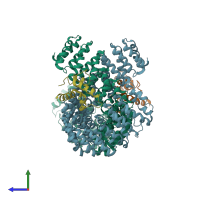 PDB entry 2pkg coloured by chain, side view.