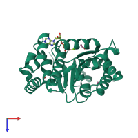Monomeric assembly 1 of PDB entry 2pl3 coloured by chemically distinct molecules, top view.