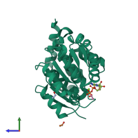 PDB entry 2pl3 coloured by chain, side view.