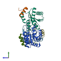 PDB entry 2pl9 coloured by chain, side view.