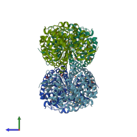 PDB entry 2pmb coloured by chain, side view.