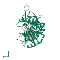 PDB entry 2pmo coloured by chain, side view.