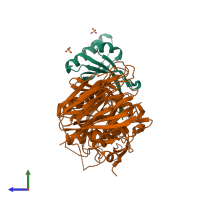 PDB entry 2pmw coloured by chain, side view.