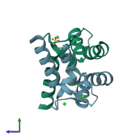 PDB entry 2pmy coloured by chain, side view.