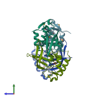 PDB entry 2pn0 coloured by chain, side view.