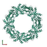 Homo decameric assembly 1 of PDB entry 2pn8 coloured by chemically distinct molecules, front view.