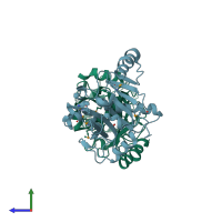 PDB entry 2pof coloured by chain, side view.