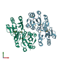 PDB entry 2pq0 coloured by chain, front view.