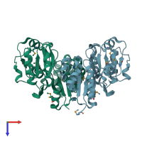 PDB entry 2pq0 coloured by chain, top view.