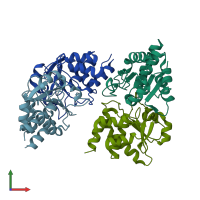 PDB entry 2pq5 coloured by chain, front view.