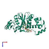 Monomeric assembly 1 of PDB entry 2pq8 coloured by chemically distinct molecules, top view.