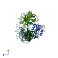 PDB entry 2pqf coloured by chain, side view.