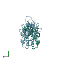 PDB entry 2pqg coloured by chain, side view.