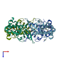 PDB entry 2pqq coloured by chain, top view.