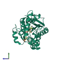 PDB entry 2pr2 coloured by chain, side view.