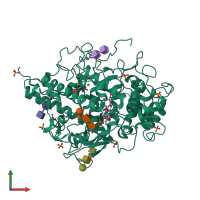 PDB entry 2pt3 coloured by chain, front view.