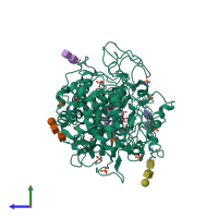 PDB entry 2pt3 coloured by chain, side view.