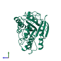 PDB entry 2ptd coloured by chain, side view.