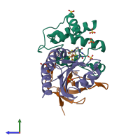 PDB entry 2pu9 coloured by chain, side view.