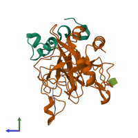 PDB entry 2pux coloured by chain, side view.